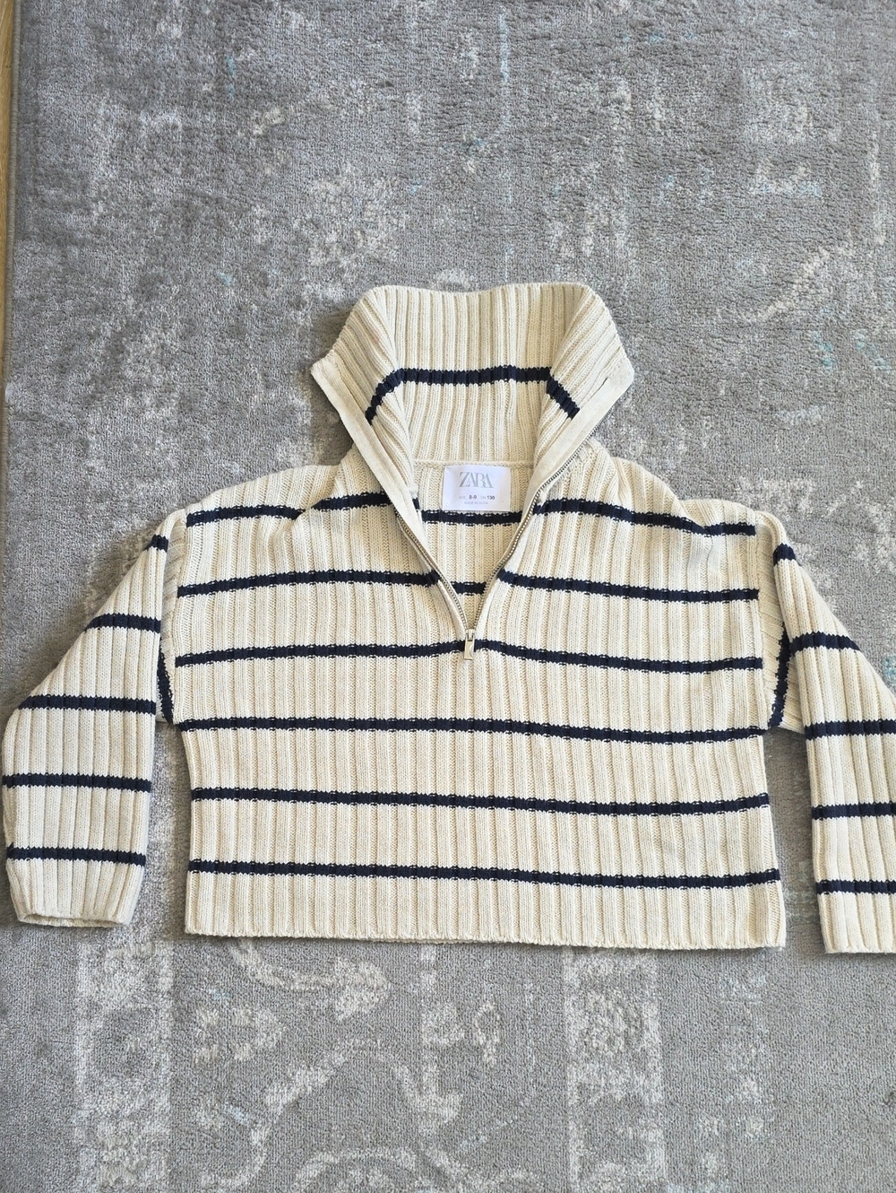 ZARA Cream and Navy Striped Ribbed Zip-Neck Sweater